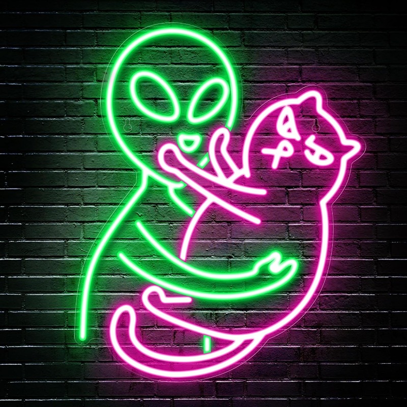 Party Games Best - Alien Cat Neon Sign,Green Alien Petting